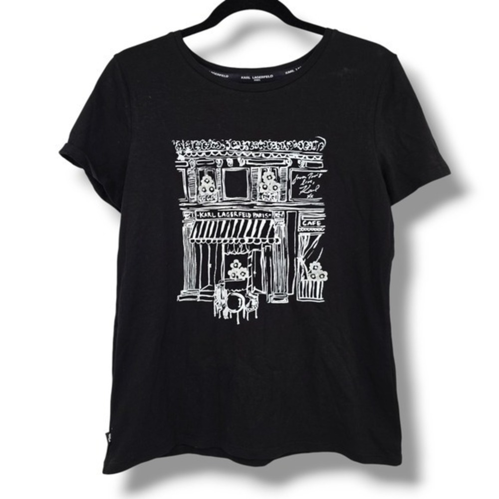 Karl Lagerfeld 3D Flower Paris Graphic Tee Cafe‎ Print Short Sleeve Black S